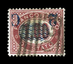 Sassone 33b, 1878 2c on 1L Lake, inverted surcharge, a remarkably well centered single with perforations well clear of the design all around, a feature rarely found on the basic
official stamps let alone on this variety, deep strong color, neatl