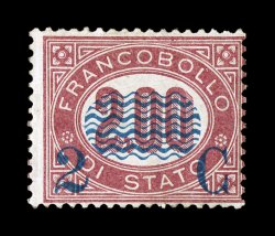 Sassone 34, 1878 2c on 2L Lake, fresh mint single, beautifully strong color on bright paper, o.g., n.h., trivial natural edge gum wrinkle of no consequence, normal fine
centering and scarce in never hinged quality signed R. D(iena) and others p