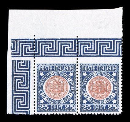 Sassone 113c, 1921 25c Reunion of Venezia Giulia with Italy, imperforate in top margin, top left corner margin horizontal pair, unusually well centered, fresh with attractive
colors, o.g., n.h., very fine and very scarce in this select quality