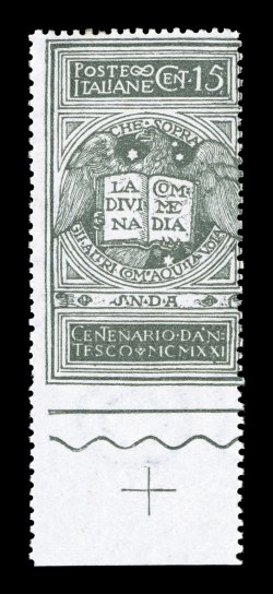 Sassone 116h-18h, 116Ah, 1921 15c-40c Anniversary of the Death of Dante, imperforate at bottom cplt. for all three values as well as the unissued 15c Gray, each a bottom
sheet-margin single, the 40c value is an unusual variety of this in that it