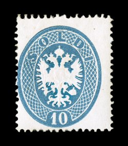 Sassone 39, 1863 10s Blue, crisp mint example of this very rare mint value, intense rich color plus detailed impression and embossing, all on fresh white paper, surrounded by
full intact perforations, o.g. with a minor spot of gum toning from a