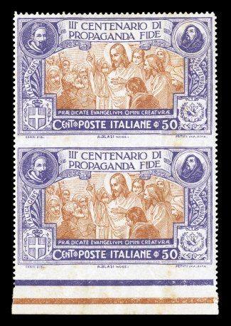 Sassone 133i, 1923 50c Propagation of the Faith, vertical pair, imperforate between and at bottom, bottom sheet-margin vertical pair, well centered with strong colors, o.g.,
n.h., few mild spots of gum toning not apparent from the front, otherwi