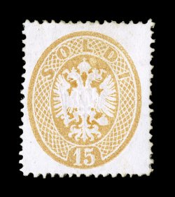 Sassone 40, 1863 15s Brown, well centered unused single of this scarce value, bright color on fresh paper, small part o.g., very fine and especially scarce in this choice quality
signed A. D(iena) and others (Scott 19 $1,500.00).