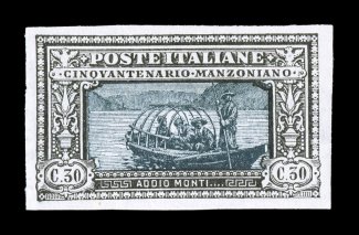 Sassone 153d, 1923 30c Manzoni, imperforate, a lovely and very rare imperforate single, this value being one of the most important of the four values that come imperforate, wide
balanced margins all around, fresh deep colors on bright paper, o.g