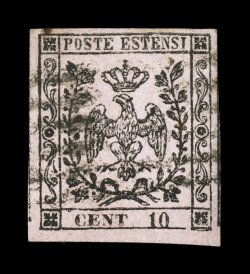 Sassone 2b, 1852 10c Black on rose, without period after Cent, used single with full large margins all around, six-line cancel, fresh with bright color, trivial inclusion in top
margin, very fine signed E(nzo) D(iena) and accompanied by his c