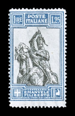 Sassone 235I 1928 1.25L Emmanuel Philibert, line perforated 13 34, fresh mint single, bright colors and detailed impressions, o.g., n.h., normal fine centering which is what the
catalog value applies to quite scarce in never hinged condition