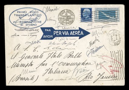 Sassone GP25a, 1930 7.70L Transatlantic Squadron, on flown cover from Rome to Rio de Janeiro, special air post stamp along with a 1.25L Deep blue tied by Posta
AereaCrocieraItalia-BrasileRoma15 Dec 1930 machine cancel, Rio de Janeiro recei