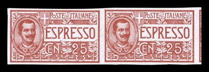 Sassone E1, 1903 25c Red, imperforate, horizontal pair, brilliant color, o.g., trace of hinging, very fine a nice example of this first issue variety (Scott E1a
$450.00).