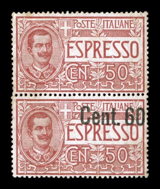 Sassone E6e, 1922 Cent. 60 surcharge on 50c Red, pair with and without surcharge, well centered vertical pair with the surcharge missing from the top stamp and positioned high
on the bottom stamp, rich color, o.g., very lightly hinged, light f