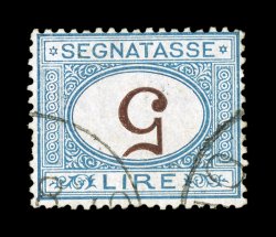 Sassone S13b, 1870 5L Blue and brown, inverted numeral, handsome used single, neatly cancelled so that the inverted numeral is clear, strong deep colors on bright white paper,
this is actually quite well centered for the early postage dues, attr