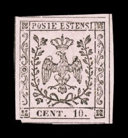 Sassone 9, 1857 10c Black on rose, an impressively margined mint single showing virtually full dividing lines all around, fresh with strong color, full o.g., lightly hinged,
extremely fine signed A. D(iena) (Scott 7 $440.00).