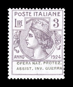 Sassone F50-56, 1924 5c-3L Opera Naz. Protez. Assit. Inv. Guerra franchise stamps cplt. less the rare 5L, another nice set with bright colors and full perforations, o.g.,
lightly hinged, normal fine centering not listed in Scott 3L high value