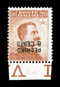 Sassone 5, 1917 Pechino8 Cents surcharge on 20c Orange, surcharge inverted, striking variety of this rare value, which is about equally rare with the surcharge upright or
inverted, bottom sheet-margin single showing a portion of the marginal