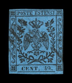 Sassone 10a, 1855 40c Black on dark blue, 49 for 40, used single with light six-line cancel, ample margins all around, nearly very fine and a scarce variety used signed A.
D(iena), E(nzo) D(iena) (Scott 8d $900.00).