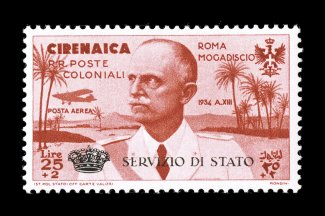 Sassone SA1, 1934 25L+2L Brown carmine air post semi-postal official, another choice mint example of this scarce stamp, excellent centering, fresh deep color, full even
perforations, o.g., lightly hinged, choice very fine signed Elliot, A. Rend