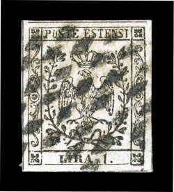 Sassone 11, 1853 1L Black, an exceptionally rare used example of this high value, extra-large balanced margins all around showing portions of the dividing lines on all four
sides, the top and left being complete, attractive grid of diamonds canc