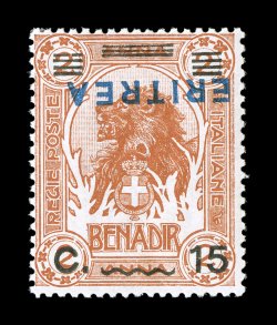 Sassone 83b, 1924 15c on 2a Brown orange with blue Eritrea overprint, inverted overprint, pristine mint single with an uncommon overall freshness, intense deep color, o.g.,
n.h., possessing the normal fine centering that characterize this vari