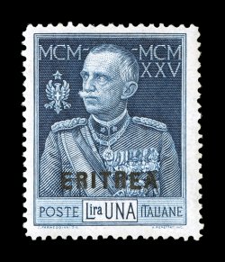 Sassone 100, 1925 1L King Victor Emmanuel with Eritrea overprint, perforated 13 12, an amazingly rare mint example of this commemorative with the small gauge perforation, lovely
deep color and prooflike impression, extraordinarily well center