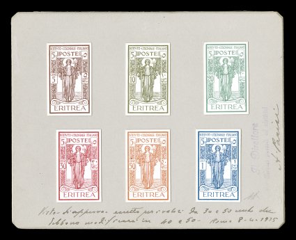 Sassone P107-12, 1926 5c+5c to 1L+5c Italian Colony Institute semi-postals, plate proofs on white glossy card, each with large even imperforate margins, bright colors, all six
neatly mounted on card with postal department handstamp, very fine a