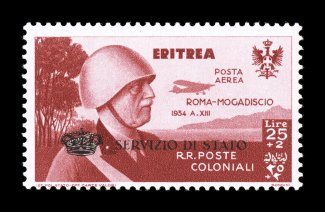 Sassone SA1, 1934 25L+2L Brown carmine air post semi-postal official, fresh mint single with deep color, fairly well centered, crisp even perforations, o.g., lightly hinged,
nearly very fine signed E(nzo) D(iena) (Scott CBO1 $2,500.00).