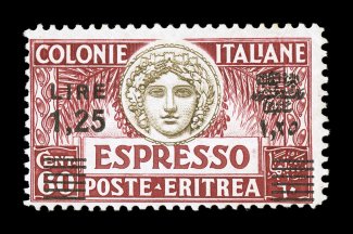 Sassone E8, 1935 Lira1,25 black surcharge on 60c Deep carmine, perforated 11, an incredibly rare black surcharge on this perforated 11 stamp, strong deep color and highly
detailed impression, o.g., barest trace of hinging, attractive fine cen