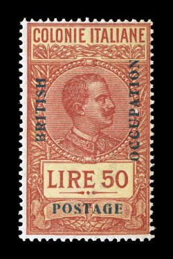 Sassone 11-17, 19, 20, 1941 2L-50L BritishOccupationPostage overprints on Italian colony revenue stamps cplt. for the nine normally available values, less the 10c and 20L values
which are great rarities, another unissued set for the British