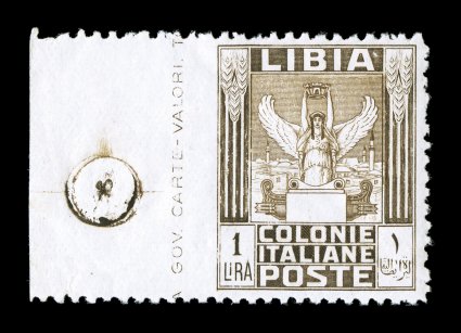 Sassone 65f, g, 1927, 1L Brown, perforated 11, imperforate at right and left, two sheet-margin singles from the same position on each side of the sheet showing the circular
registration alignment pin holes in the selvage, each imperforate betwee