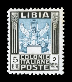 Sassone 144, 1937 5L Black and blue, unwatermarked, perforated 11, exceptionally well centered mint single of this rare value, full clean perforations, deep colors, o.g., n.h.,
slight gum toning not apparent from the front, otherwise very fine