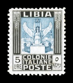 Sassone 144, 1937 5L Black and blue, unwatermarked, perforated 11, attractive mint single, quite well centered, rich colors on bright paper, o.g., lightly hinged, very fine
signed Raybaudi (Scott 60a $2,000.00).