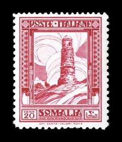 Sassone 171b, 1932 20c Carmine, combination perforation 14 at top, the other three sides perforated 12, fresh mint single with radiant color, o.g., n.h., very fine a scarce
perforation variety that is not listed in Scott signed A. D(iena) and