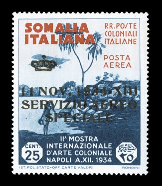 Sassone SA2, 1934 25c Indigo and orange brown air post official, select mint single possessing wonderful centering, especially fresh with rich colors, nice even perforations,
o.g., n.h., choice very fine a remarkably choice never hinged example