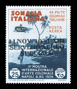 Sassone SA2, 1934 25c Indigo and orange brown air post official, pristine mint single, exceptionally well centered, attractive bright colors, perforations are crisp and even,
o.g., n.h., very fine and scarce in this never hinged condition (Scott