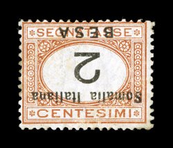 Sassone S34a, 1923 2b Orange and black, numerals and inscription inverted, a scarce error which in addition shows an unusual printing variety as there was partial gum on the
face prior to printing and there are portions of the orange and black p
