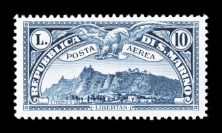 Sassone PA1-10, 1931 50c-10L First air posts, cplt., pristine mint set, very fresh with beautiful bright colors, well centered throughout, o.g., n.h., very fine (Scott C1-10
n.h. not priced, $292.25 for hinged).