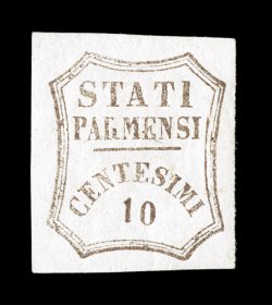 Sassone 14, 1859 10c Brown, mint single with large margins all around, fresh with nice color and impression on bright paper, o.g., h.r., very fine signed Michel (Scott 13
$1,325.00).