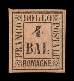 Sassone 5, 1859 4b Black on fawn, an especially choice mint single of this value that is key to a mint set, extra-large margins all around with nearly four complete dividing
lines, excellent color and impression, full o.g. that is very lightly h