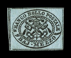 Sassone 1a, 1852 12b Black on gray blue, handsome mint single, possessing a strong detailed impression with intense black ink on fresh paper with rich gray blue color, large even
margins showing a single full dividing line on all four sides and