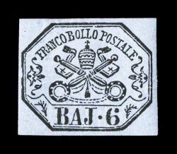 Sassone 7a, 1852 6b Gray, fresh and nicely margined mint single, fresh bright paper, intense black ink with a trace of oiliness, o.g., h.r., very fine signed A. Brun and
accompanied by L. Miro certificate (Scott 7a $1,600.00).