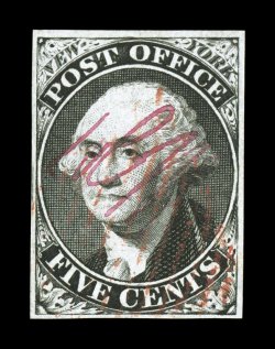 9X1, New York, N.Y. 5c Black Postmaster Provisional, signed ACM connected, exceptionally fresh used example, with strong color and a highly detailed impression on bright white
paper, four full margins, unusually light red square grid cancel, ext