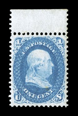 63, 1c Blue, a remarkably choice top sheet-margin single, extraordinarily well centered and margined, strong color and impression, o.g., never hinged, tiny spot of disturbance
of gum, extremely fine and most attractive photocopy of a 1989 PF ce
