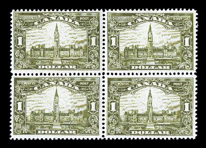 159, 1929 $1.00 Olive green Parliament, mint block of four, nicely centered, quite fresh, pristine o.g., n.h., very fine (Unitrade C$3,600.00+).
