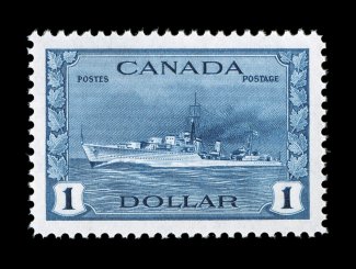 262, 1942 $1.00 Destroyer, an especially choice mint single, mathematically precise centering amid lavishly large margins, remarkably bright and fresh, o.g., n.h., superb 2007
PF certificate (Superb 98) (Unitrade C$150.00).