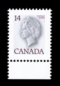 716c, 1978 14c Queen Elizabeth, red omitted, the so-called Black Queen error, bottom sheet-margin single, outstanding centering, o.g., n.h., extremely fine a very scarce and
striking error (Unitrade C$2,000.00).