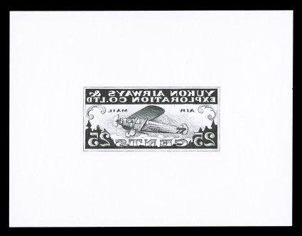 Unitrade CL42P, 1927 25c Yukon Airways semi-official air post, reverse die proof in black, on 98x75mm card, marvelously fresh, extremely fine.