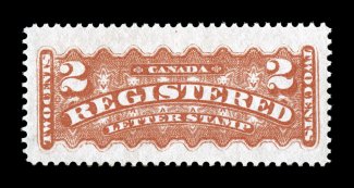 F1a, 1875 2c Vermilion registration stamp, wonderfully well centered within huge margins, bright fresh color, o.g., faint trace of a hinge mark, extremely fine seldom
encountered with margins this large 2007 Greene Foundation certificate for a