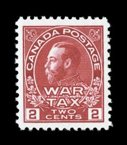 MR2, 1915 2c Carmine war tax stamp, extraordinarily well centered within large margins, lovely vibrant color, o.g., n.h., extremely fine (Unitrade C$105.00).