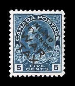 Unitrade MR2Bi, 1915 5c Blue with InlandRevenueWarTax overprint, well centered and margined, deep color on bright white paper, o.g., n.h., choice very fine.