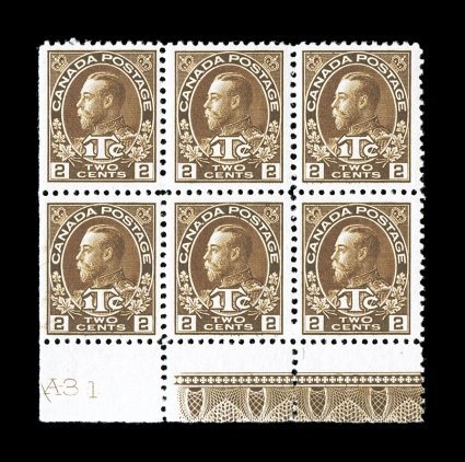 MR4, 1916 2c + 1c Brown war tax, three lathework and plate number multiples, a block of six, a block of four and a strip of three, deep rich colors, o.g., all but three stamps
n.h., fine-very fine only the lathework positions were counted in th