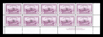 O16-25, 1950 1c-$1.00 G official overprints cplt., 1c-5c in margin blocks of ten, 10c, 20c and $1.00 in top or bottom plate number blocks of ten, 14c in vertical plate number
block of ten, 50c in a plate block of four and a plate block of six,