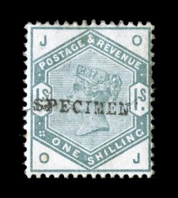 S.G. 188s-96s, 1883 1 12p to 1- Queen Victoria Lilac and Green issue, with handstamped Specimen, the 5p being the perf. 12 variety, strong colors, o.g., some small h.r.s, 4p
with light hinge stain, otherwise fine (Scott 99S-107S).